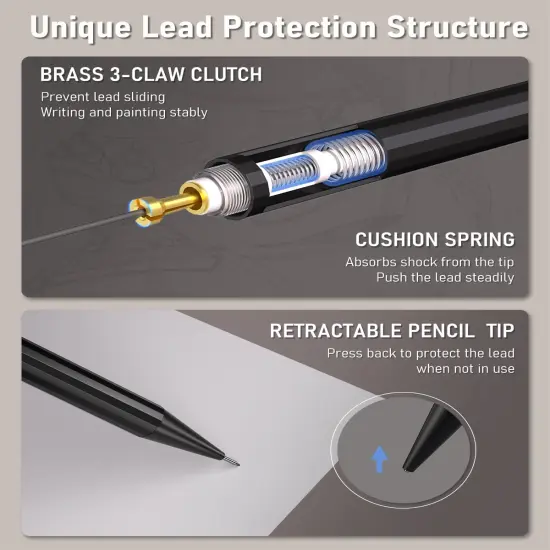 Metal Mechanical Pencils 0.5 & 0.7 mm, 2PCS Mechanical Pencils with Dual Spring, 8 Tubes Lead Refills, 2PCS 4B Erasers and 18PCS Eraser Refills, Mechanical Pencil Set for Writing Drawing {3}