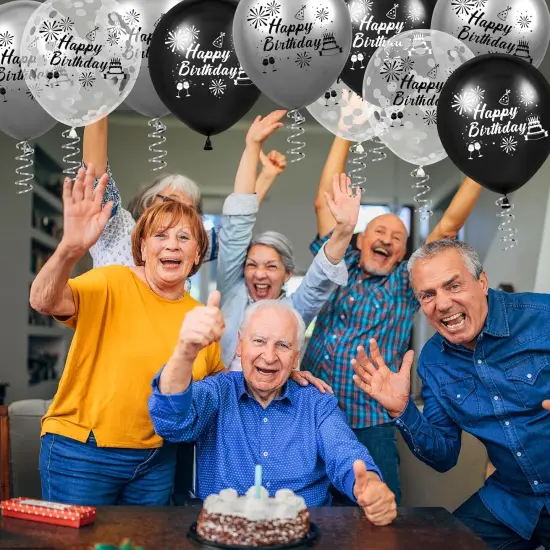 Black Silver Birthday Balloons Decorations 15pcs Happy Birthday Party Latex Confetti Balloons {3}