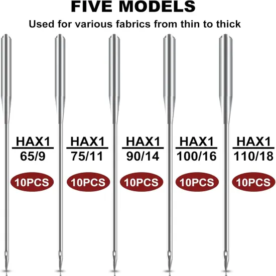 Sewing Machine Needles, Universal Sewing Machine Needle, Compatible with Singer, Brother, Janome, Varmax, Sizes HAX1 65/9, 75/11, 90/14, 100/16, 110/18 (50 PCS) {2}