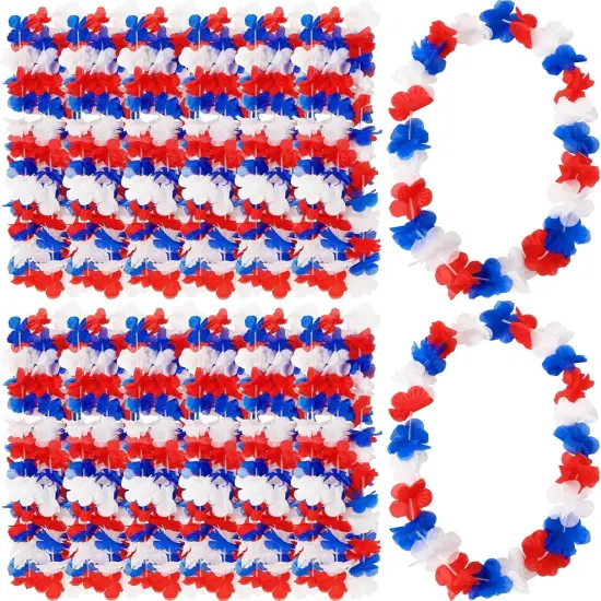 24 Pack Patriotic Leis Red White and Blue Flower Leis, 4th of July Garlands Hawaiian Luau Flower Necklaces Bulk for Fourth of July, Memorial Day, Independence Day Decorations Party Favors {1}