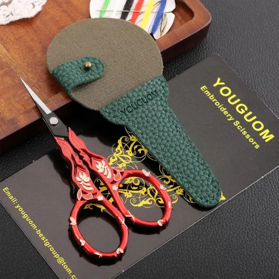 Antique Embroidery Scissors with Case, Needlework Scissors for Sewing Crafting Cross Stitch Crochet Yarn, Detail Shears Threading Snips Vintage Golden Red {2}