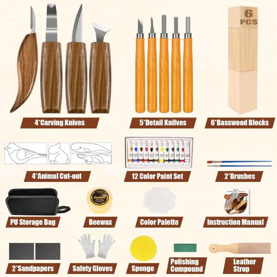 Wood Carving Kit, 44Pcs Wood Carving Tools with 4 Style Templates & 12 Color Paint Set & Bee Wax, Wood Whittling Knives Set 4pcs Whittling Knives & 5pcs Detail Knives for Beginners and Hobbyists {2}