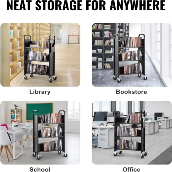 Library Book Storage Cart Book Shelf Book Organizer Trolley with 3 Flat Shelves {6}