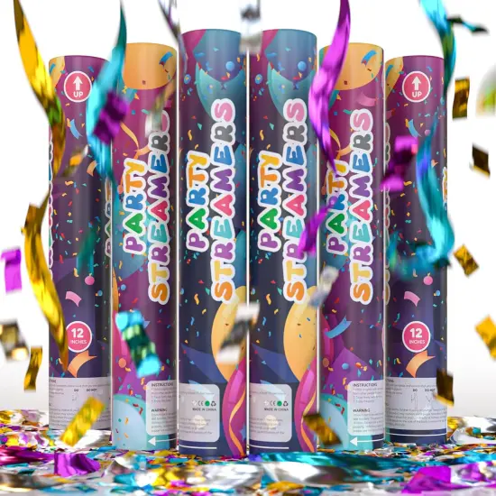 No Mess Streamer Confetti Cannon Party Poppers | 6 Pack | Multicolor Streamers | Glitter Bomb Confetti Shooters | Decoration for Birthday, Wedding | Launches 25 ft | 12 inch | {1}