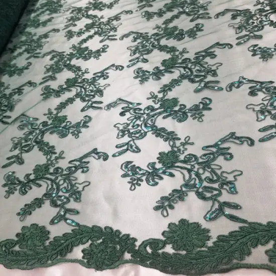 1 Yard Hunter Green Metallic Flowers Sequins Mesh Lace Fabric for Tablecloths and Costumes {4}