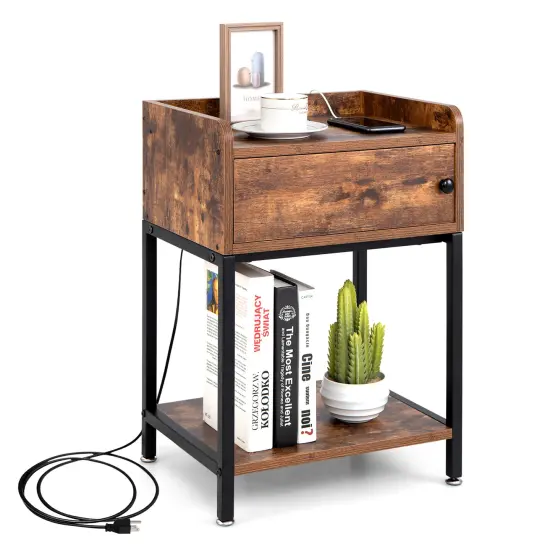 Costway Nightstand W/ Charging Station Sofa Side Table Storage Cabinet Shelf End Table {1}