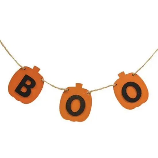 Orange Wood Pumpkin BOO Garland on Jute Strand with Hanging Loops {1}