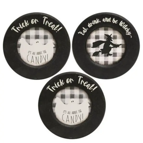 3 Asstd. Halloween Wooden Plates Trick or Treat Buffalo Check Decor {1}