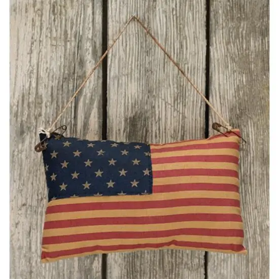 Vintage Americana Flag Pillow Ornament 4x6 Rustic Fabric D&eacute;cor with Aged Finish & Safety Pin Hanger {1}