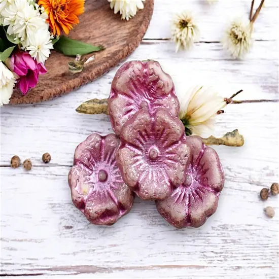 *12* 12mm Gold Lustered Metallic Pink Etched Pink Hawaiian Flower Beads {5}