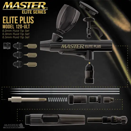 Master Elite Plus Ultimate Airbrush Set, Model 120 - Elite Level Spray Performance Dual-Action Gravity Feed Airbrush Kit, 0.2, 0.3 and 0.5 mm Tips, Case {3}