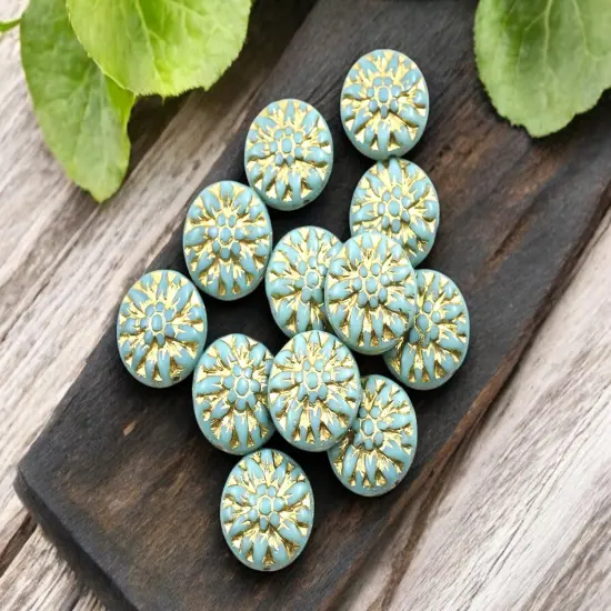 *12* 15mm Gold Washed Turquoise Dahlia Flower Coin Beads {2}