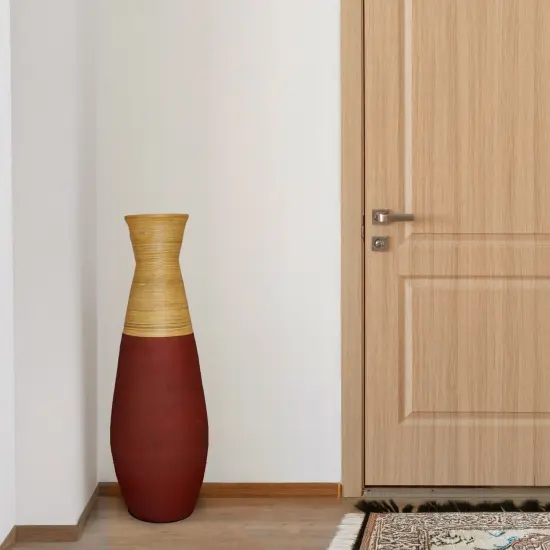 31.5 inch Tall Handcrafted Bamboo Floor Vase, Burgundy and Natural Finish, Decorative Accent, Large Floor Vase, Sustainable Bamboo, Living Room, Dining Room, Entryway Decor, Unique Home Accent {5}