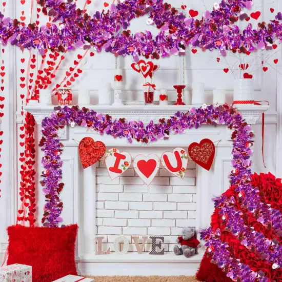 TURNMEON 33 Feet Valentines Day Decorations Heart Tinsel Garland, Red Pink Purple Metallic Garland Valentines Day Garland Decorations for Tree Home Indoor Outdoor Wedding Hanging Galentine's Day Decor {3}