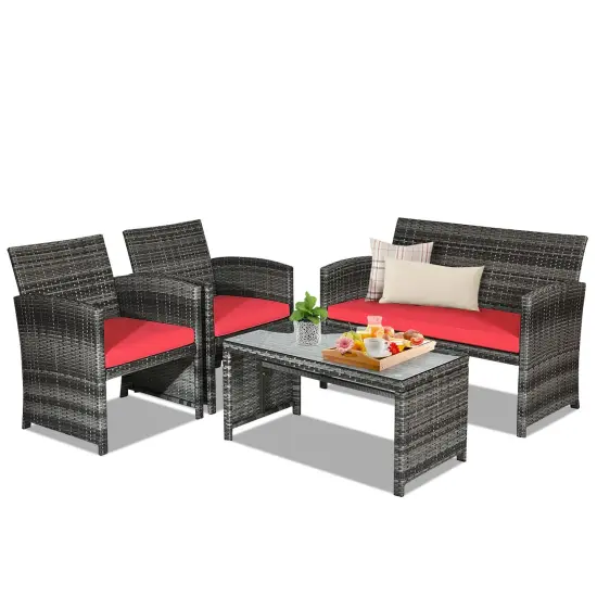 4 Pieces Patio Rattan Furniture Set with Glass Table and Loveseat White {10}
