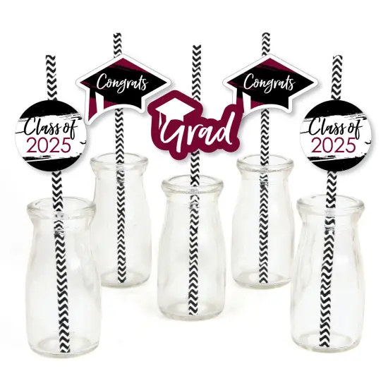 Big Dot of Happiness Maroon 2025 Graduation Paper Straw Decor - Party Striped Decorative Straws - Set of 24 {1}