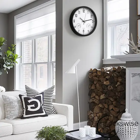 Clockswise Non-Ticking Quartz Wall Clock with Thermometer & Hygrometer - Battery Operated Plastic Analog Clock for Temperature & Humidity Monitoring - Ideal for Home, Office or School, Black {4}