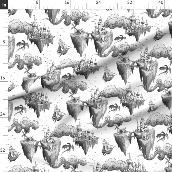 Various Fabrics by the Yard or Fat Quarter Toile Dragons Castle Island Fantasy Monochrome Illustration Black And White Custom Printed Fabric by Spoonflower {1}