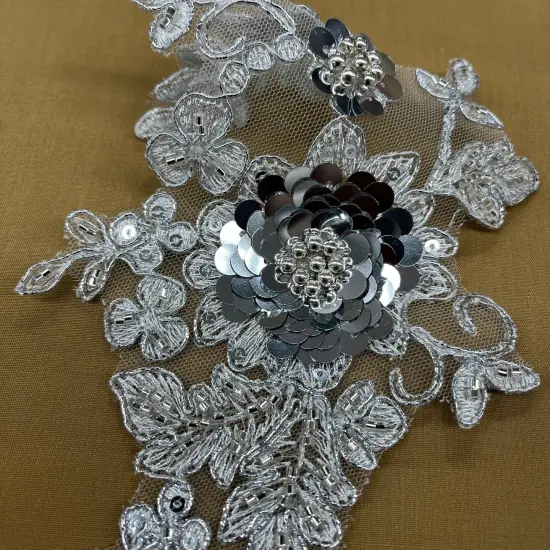 1 Pair Beaded & Corded Floral 3D Lace Applique 100% Polyester Net Mesh 9" x 4" Each Side White {5}