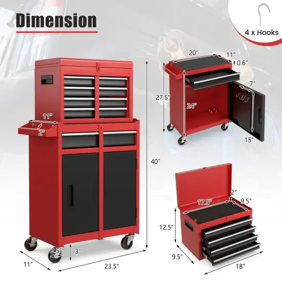 2 in 1 Tool Chest & Cabinet with 5 Sliding Drawers Rolling Garage Organizer {4}