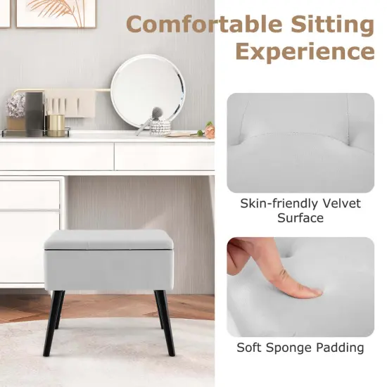 Costway 2 PCS Velvet Vanity Stools with Storage Solid Wood Legs Flip-Up Top for Entryway Black/Beige/Gray {6}