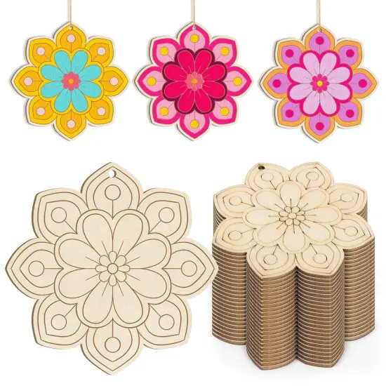 Wooden Flower Ornaments to Paint Easter Spring Decoration Cutouts Unfinished 24PCS 3.5 x 3 inches, DIY Blank Unfinished Christmas Tree Wood Discs Ornament for Home Crafts Hanging {1}