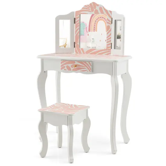 Costway Kid Vanity Set Wooden Makeup Table Stool Tri-Folding Mirror Leopard Print {9}