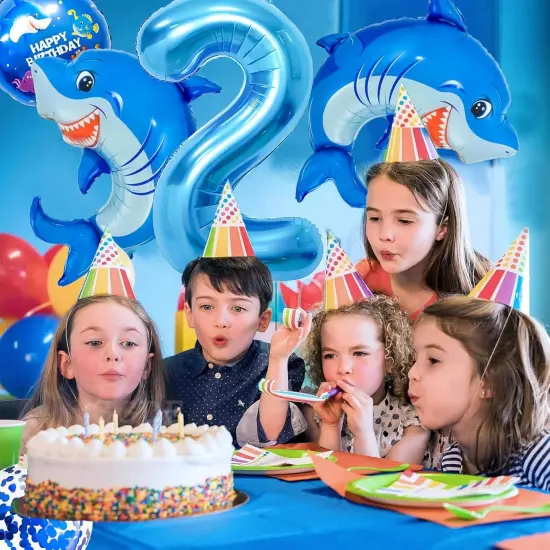 40 Inch 2 Balloon Number, Cute Blue Shark Balloons, Giant Foil 2 Birthday Balloon (shark-2) {5}