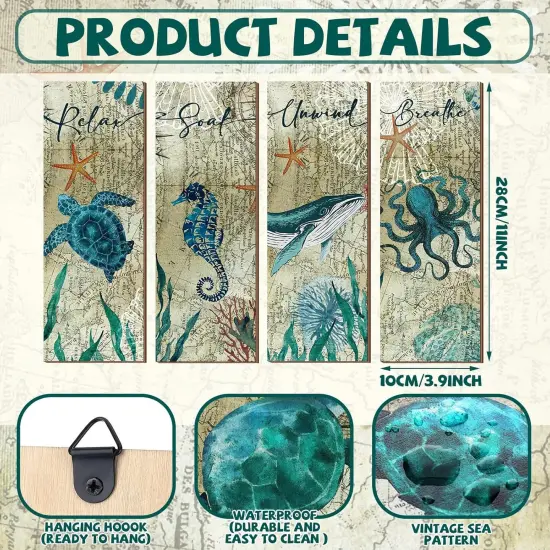 4 Pieces Summer Beach Bathroom Decor Wall Sign Ocean Decor Sea Turtle Wall Art {2}