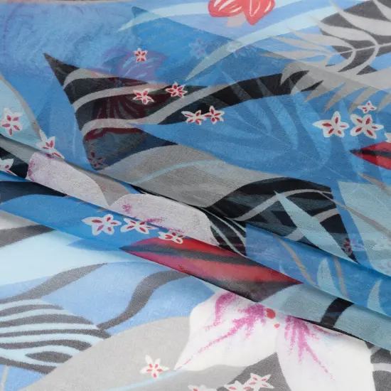 1 Yard Blue, Black and Red Tropical Flora Silk Chiffon Lightweight Designer Fashion Fabric 54 inch Width {1}