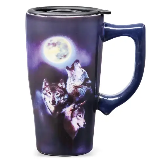 Collections Etc Full Moon Wolves Double-Walled Ceramic Travel Mug with Locking Lid {2}
