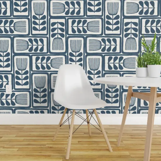 Pre-Pasted Wallpaper 2FT Wide Retro Block Print Blue Abstract Flowers Minimal Stamped Japandi Custom Pre-pasted Wallpaper by Spoonflower {1}