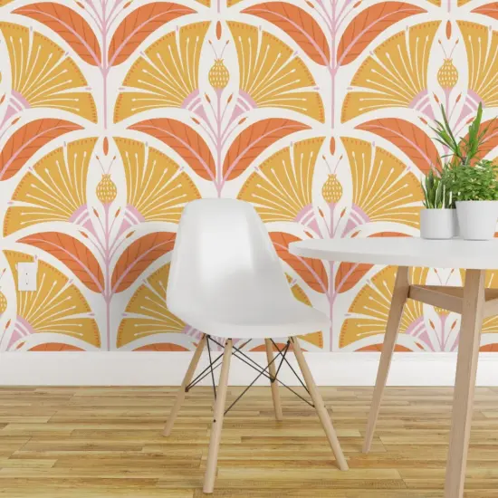 Peel & Stick Wallpaper 2FT Wide Art Deco Flowers Yellow Orange Pink Large Scale Geometric Scallop Mid Century Bold Custom Removable Wallpaper by Spoonflower {1}