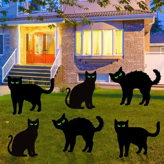 Halloween Decorations Outdoor, 6ct Black Cat Decor Yard Signs with Stakes, Scary Silhouette with Glow in Dark Eyes, Corrugated Plastic, Waterproof Lawn Decorations for Kids Family Home Party {6}