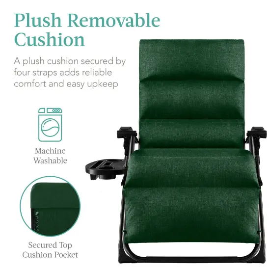 Best Choice Products Oversized Zero Gravity Chair, Folding Recliner w/ Removable Cushion, Side Tray Forest Green {2}