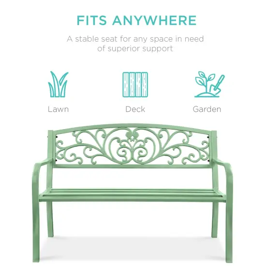 Best Choice Products Outdoor Steel Bench Garden Patio Porch Furniture w/ Floral Design Backrest Mint Green {3}