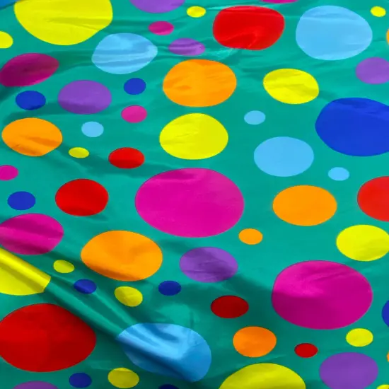 1 Yard Multicolor Polka Dot Satin Fabric Jade Background Lightweight Semi Shiny Polyester 58 Inch Width {1}