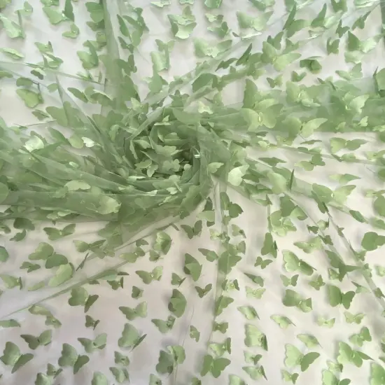 1 Yard Sage Green 3D Butterfly Stretch Mesh Fabric with Satin Appliqu&eacute;s for Dresses and Crafts 54 Inch Wide {3}