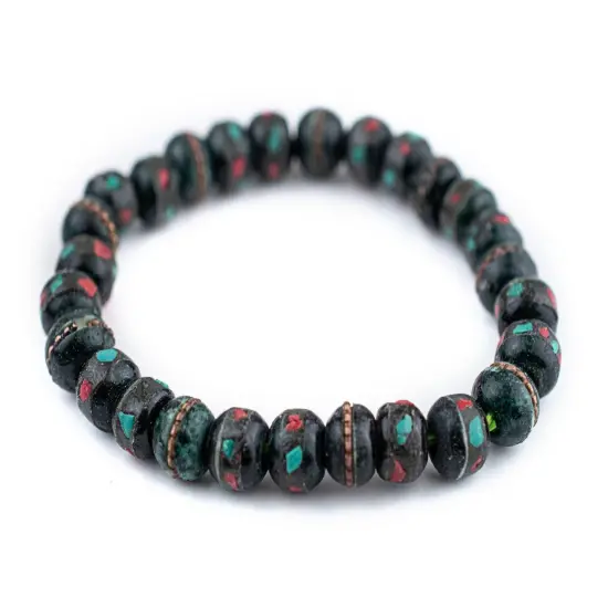 The Bead Chest Mala Stretch Bracelet, Dark Green - Stackable Nepal Bone Inlaid with Turquoise & Coral Colors, 100% Authentic and Genuine {1}