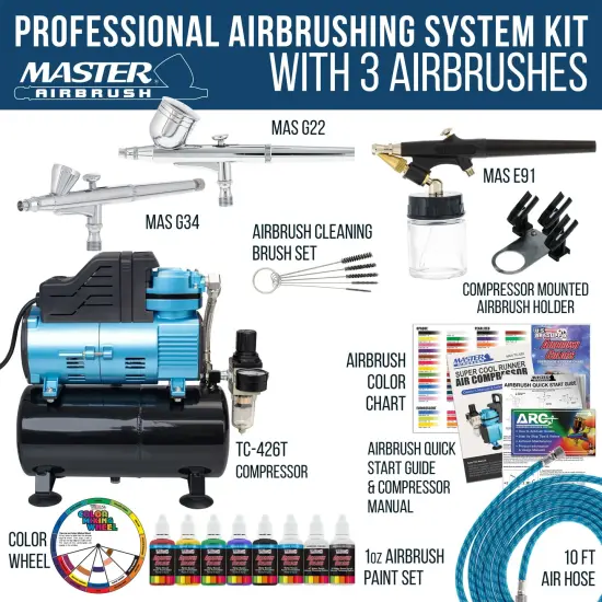 Master Airbrush Super Cool Runner Dual Fan Air Compressor with Storage Tank - Airbrushing System Kit with 3 Airbrushes, 6 Color Acrylic Paint Art Set {2}