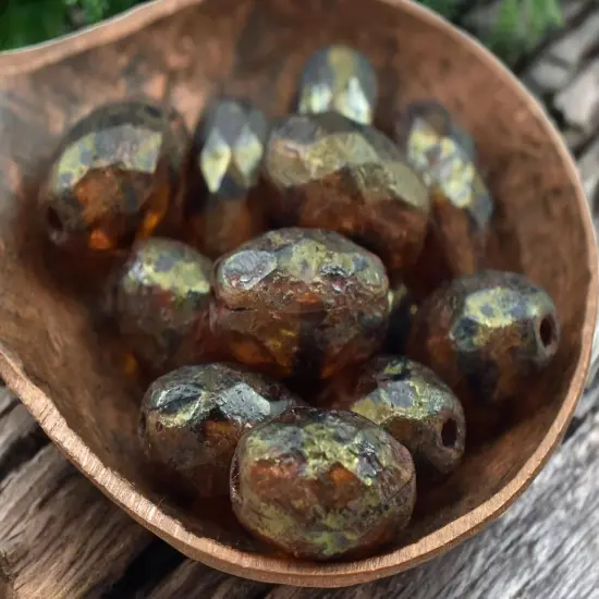 *12* 12x8mm Etched Brown Amber Picasso Faceted Oval Beads {1}