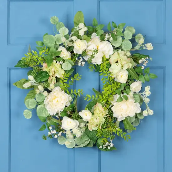 Northlight Hydrangea and Ranunculus Artificial Floral Eucalyptus Wreath - 23" - Cream and Green {1}