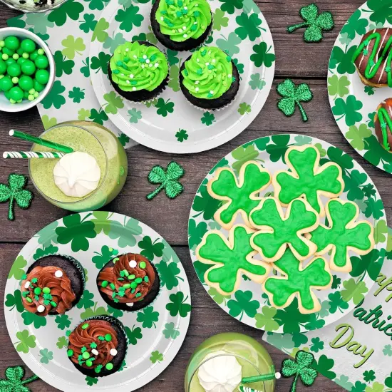 Irish Shamrock Themed Tableware Set, Paper Plates & Napkins for 50, St. Patrick's Day Party Decorations, Disposable, Green, Decorative Plates, Pack {3}