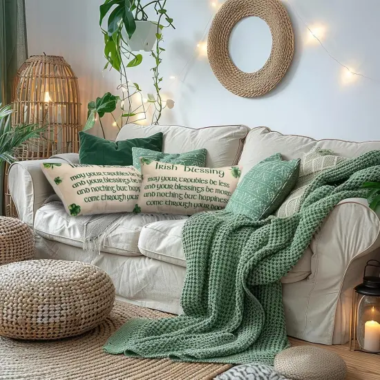 2 Pcs St. Patrick's Day Irish Blessing Pillow Covers Green Clover Quote Decorative Throw Pillow Cover Case Linen {4}