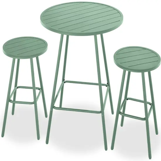 Best Choice Products 3-Piece Steel Patio Bar Height Round Bistro Set w/ Backless Stools, Slatted Design Sage {1}