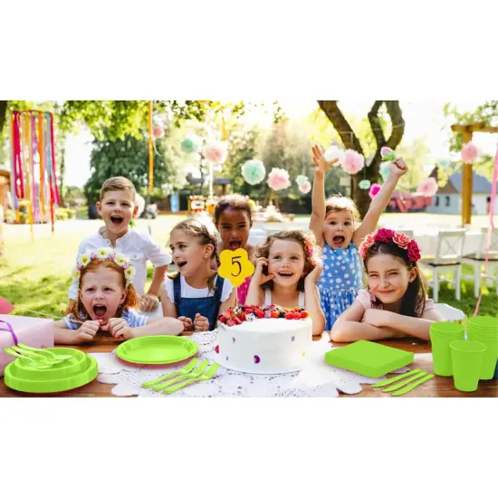 Exquisite 350 Pcs Plastic Plates for Party &ndash; Disposable Plates Set &ndash; 50 Each of 9" Dinner Plates, 7" Dessert Plates, Plastic Cups, Napkins & Plastic Cutlery &ndash; Plastic Dinnerware by Party Solids Lime {6}