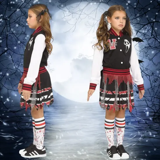 Kids Ghost Face Cheer Squad Halloween Costume &ndash; Varsity Dress with Pom Poms & Blood-Spattered Socks {2}