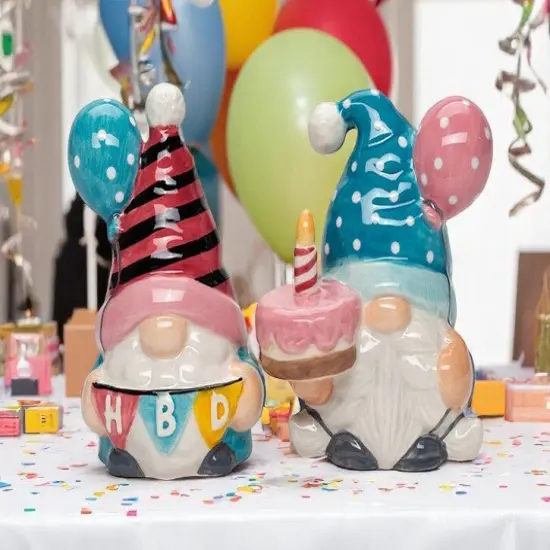 Ceramic Happy Birthday Gnome Salt and Pepper Shakers, Birthday Party Decor, Fairy Garden Decor, Gnome Collector Gift {2}