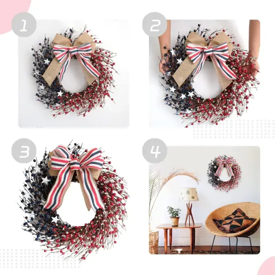18 Inch Patriotic Red White Blue Berries Wreath for Front Door, 4 of July Memorial Day Independence Day Burlap Bow Wreath for Home Decor, American Flag Day Wreath for Indoor and Outdoor Use {4}