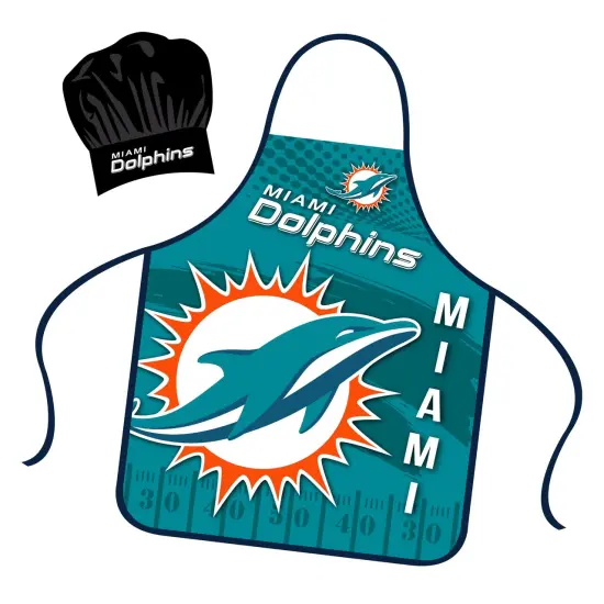 Mojo Licensing Miami Dolphins Apron Chef Hat Set Full Color Universal Size Tie Back Grilling Tailgate BBQ Cooking Host {1}